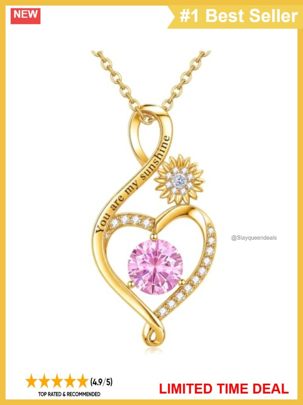 18K Gold Heart Birthstone Sunflower Pendant Necklace You Are My Sunshine